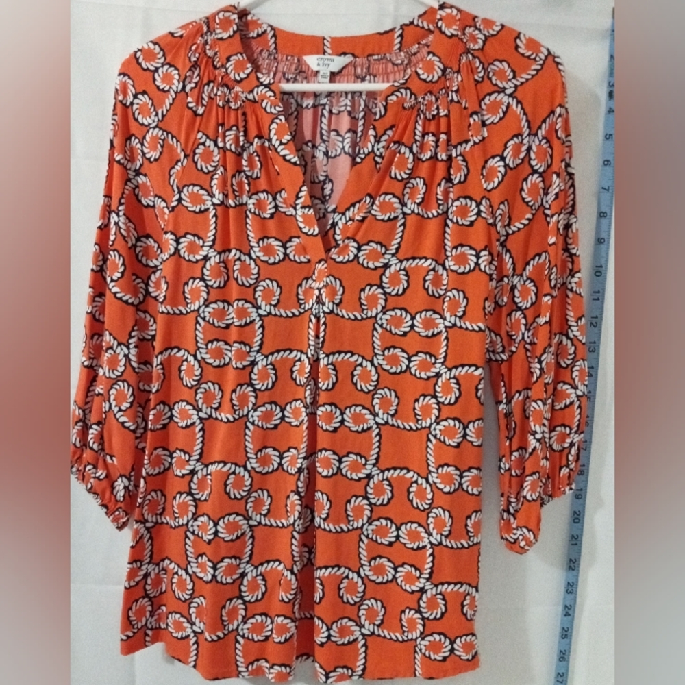 ​Crown & Ivy Women’s XS Orange Nautical Print V-Neck Blouse 3/4 Sleeve Tunic